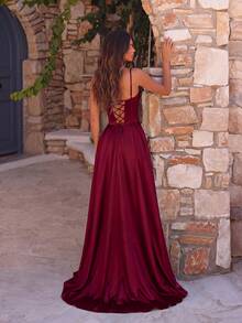 ADYCE Women's Elegant Solid Color Spaghetti Strap Heart Neck Fishtail High Waist High Slit Open Back Criss-Cross Strap Maxi A-Line Dress, Suitable For Balls, Weddings, Parties, Dates, Formal Dinners, Birthdays, Holidays, Family Gatherings - Burgundy - View 2