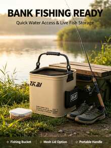 8L/13L 可折疊水桶附防逃逸網 + 5m繩索，EVA材質，適用於釣魚、居家洗車、戶外露營、野餐等 - 耐用便攜釣魚桶 - 鏽棕色 - 查看 2
