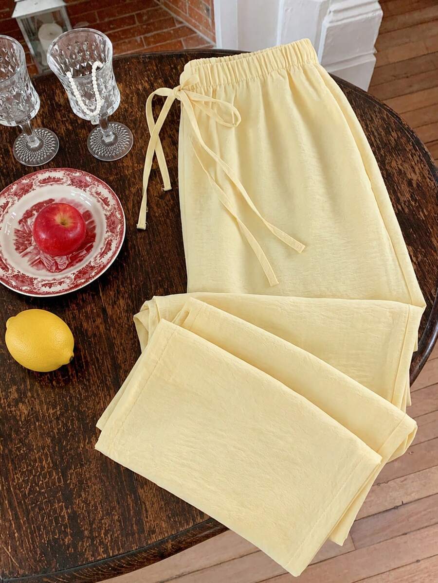 Quần dài nữ mùa hè ống rộng, cạp chun có dây rút, dáng rộng rủ, phong cách thường ngày, nhẹ, thoáng khí, thoải mái - Vàng nhạt - Xem 1
