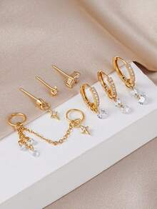 7pcs Cubic Zirconia Star Chain Pendant Exquisite Earring Set, Suitable For Women's Daily Wear, Dating, Party, Gathering Layering And Matching - Yellow Gold - View 3
