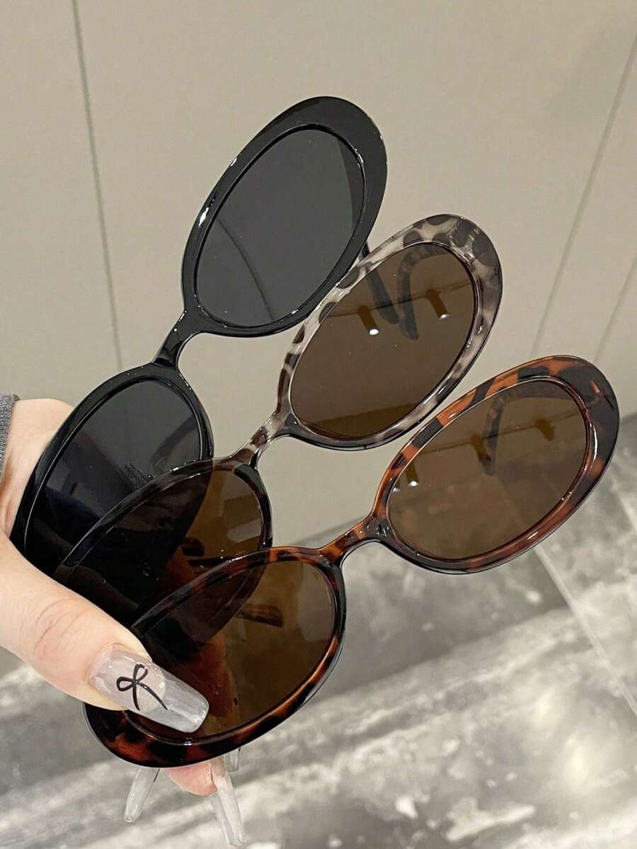 2pcs Teens Fashion Classic Cross-Border Oval Frame Fashion Glasses, European & American Style, Street Style, Retro Hong Kong Style, Unisex - Multicolor - View 1