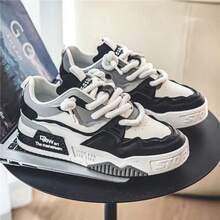 Zapatillas de skate para hombre con bloques de color y patchwork, suela gruesa con estampado de letras, zapatillas deportivas de calle casuales para caminar y skate - E129 Negro - Ver 2
