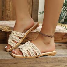Women's Lace Trim Square Toe Open Toe Flat Slides, Elegant Fashion Casual Beach Sandals - Beige - View 4