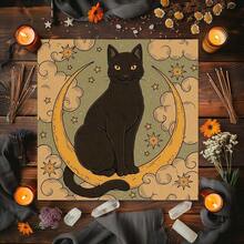 1pc Vintage Black Cat On Crescent Moon Tarot Cloth Cloud Star Celestial Altar Mat Soft Fabric Tarot Spread Table Cloth Witch Spiritual Divination Card Mat Home Ritual Decor Gift - Black - View 2