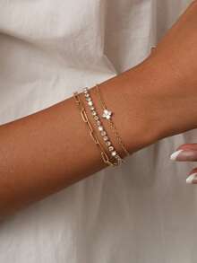 3pcs/Set Women's Bracelet Set, Bohemian Summer Beach Vacation Style, Golden Plated Multi-Layer Basic Chain, Tennis Zirconia Chain, Paperclip Chain, Copper Inlaid Zirconia Clover Pendant, Layered Stackable Bracelet Set, Stacked Bracelet Jewelry Gift - Yellow Gold - View 2