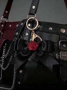 1pc Dark Vintage Style Satin Rose Bow Charm, Multi-Style Pendant Matching, Versatile Decoration Keychain For Women's Backpacks And Handbags - Black - View 3