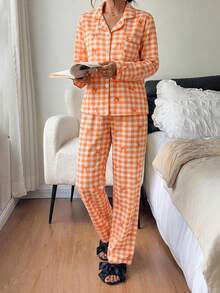 2 pezzi/Set Pigiama Autunno/Inverno con Stampa Fiocco a Quadri, Top a Maniche Lunghe con Colletto e Bottoni e Pantaloni Lunghi, Set da Notte e Abbigliamento da Casa per Donne - Arancione - Visualizzare 4