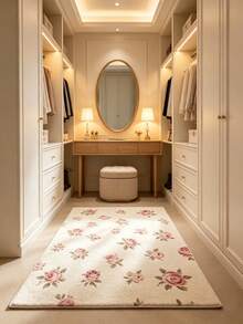 1 pieza Alfombra de baño con patrón de rosa francesa rosa & blanca, alfombra de baño, felpudo, alfombra pequeña, alfombra, alfombra de piso, decoración del hogar, alfombra de área, alfombra exterior, alfombra de dormitorio, alfombra lavable - Multicolor - Ver 2
