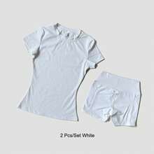 Women's Sports Yoga Set Seamless Knitted Fitness Gym Clothes Sportswear Short Sleeve Crop Top Tracksuits Gym Short Leggings - Pink - View 7
