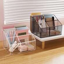 1-Compartment/3-Compartment/5-Compartment Transparent Pen Holder, Office Desk Organizer, Student Storage Box, Makeup Brush Holder, Cosmetic Accessories, Home Office Desk Storage Essential - Multicolor - View 11