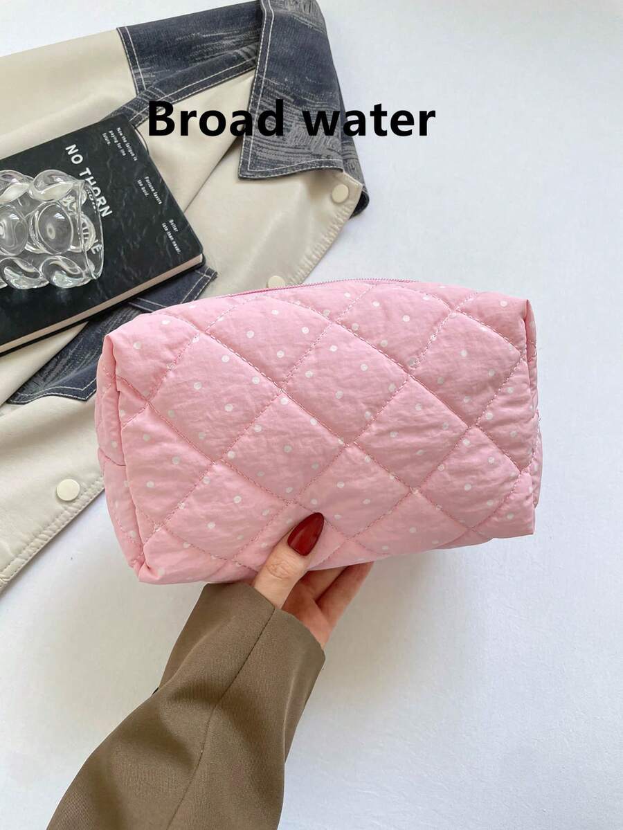 時尚多功能絎縫刺繡格紋加厚化妝包 學生鉛筆袋 波點圖案 休閒手拿包 保暖羽絨小包