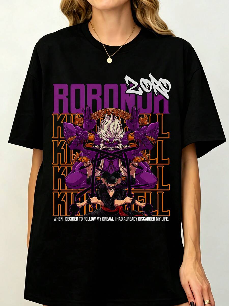 Ones Pieces Roronoa Zoro S-RANKED Anime Inspired Graphic T-Shirt, Unisex Short Sleeve Manga Clothing Fan Tee - 黑色 - 查看 1