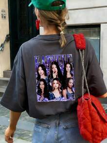 Teen Girl, KATSEYE 6 Members Print American Street Style Crew Neck Short Sleeve Pullover T-Shirt Summer Top - Dark Grey - View 1