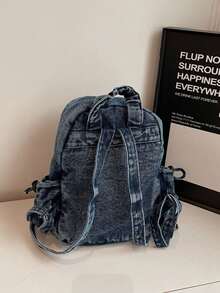 Women Light Blue Backpack Gathered Drawstring Front Storage Pocket Side Soft Lightweight Backpack For Campus Short Trips - Blue - View 4