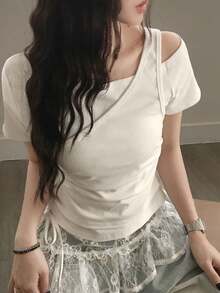 韓式女款夏季不對稱肩 2 合 1 修身百搭拼接短袖 T-shirt 白色休閒 - 白色 - 查看 7