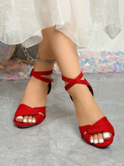 2026 Women's New Red Open Toe Stiletto Heel Sandals, Cross Strap Backless Buckle Gentle Style Versatile High Heel Sandals, Elegant Party Slippers, Solid Color Beach Buckle Sandals