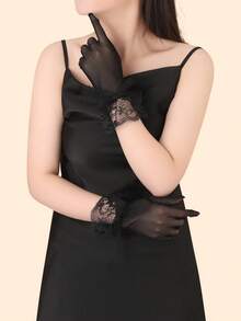 1 par de guantes sin dedos de encaje y malla para mujer, estilo gótico, protección solar transpirable de verano, guantes de encaje con lazo de estética oscura, guantes de tul para boda, guantes de encaje con ribete estilo Lolita - A - Ver 5