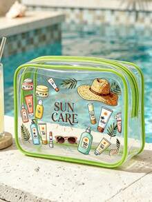New Sun Protection Themed Printed PVC Waterproof Toiletry Bag, PVC Beach Bag, Fresh Hand-Drawn Sun And Sun Protection Design, Summer Sun Care Storage Gift, Zippered PVC Travel Organizer Bag, Lightweight Fade-Resistant Makeup Toiletry Bag Suitable For Women And Men, Easy To Clean Design, Suitable For Mothers, Teachers, Friends, Nurses Makeup Bag, School Vacation Holiday Back To School Supplies Toiletry Bag - Multicolor - View 2
