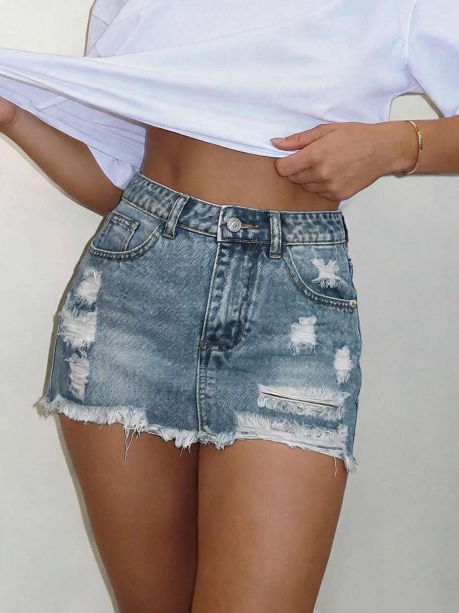 Soulscape Women's Summer Street Fashion Washed Asymmetric Pocket Mini Denim Skirt Casual - Light Wash - View 1