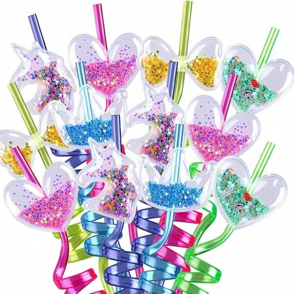 Conjunto de 12 canudos de sereia com glitter, tema princesa, canudos divertidos, ideais para festas de aniversário, canudos de plástico reutilizáveis para decoração e presentes para meninos e meninas.