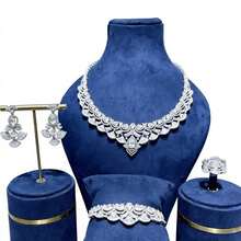 BIIDETALK 4Pcs Luxury Bridal Set, Silver Teardrop Zirconia Fan Jewelry, Necklace Earrings Bracelet Ring For Women, Wedding Evening Banquet Formal Party Accessory - Silver - View 7