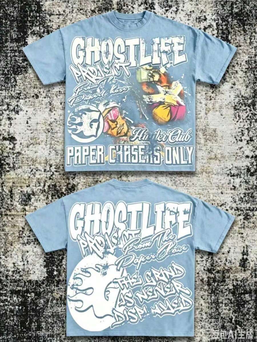 Men's Y2K Tee -American Street & "GHOSTLIFE" Hip-Hop Figureg Raphic T Shirt, Loose Retro Fit,Suitable For Young Men And Women To Wear For Casual - 藍色 - 查看 1