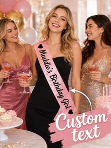 1pc Customizable Hot Pink Birthday Sash With Any Name/Age Number, Personalized Black Letter Happy Birthday Satin Shoulder Strap Perfect For Sweet 16Th - Multicolor - View 1