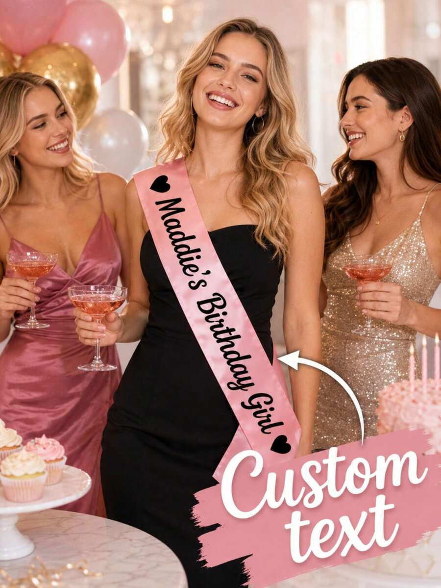 1pc Customizable Hot Pink Birthday Sash With Any Name/Age Number, Personalized Black Letter Happy Birthday Satin Shoulder Strap Perfect For Sweet 16Th - Multicolor - View 1