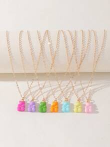 7pcs/Set Girls Colorful Resin Bear Pendant Necklace Set Combination Suitable For Daily Decoration - Multicolor - View 1