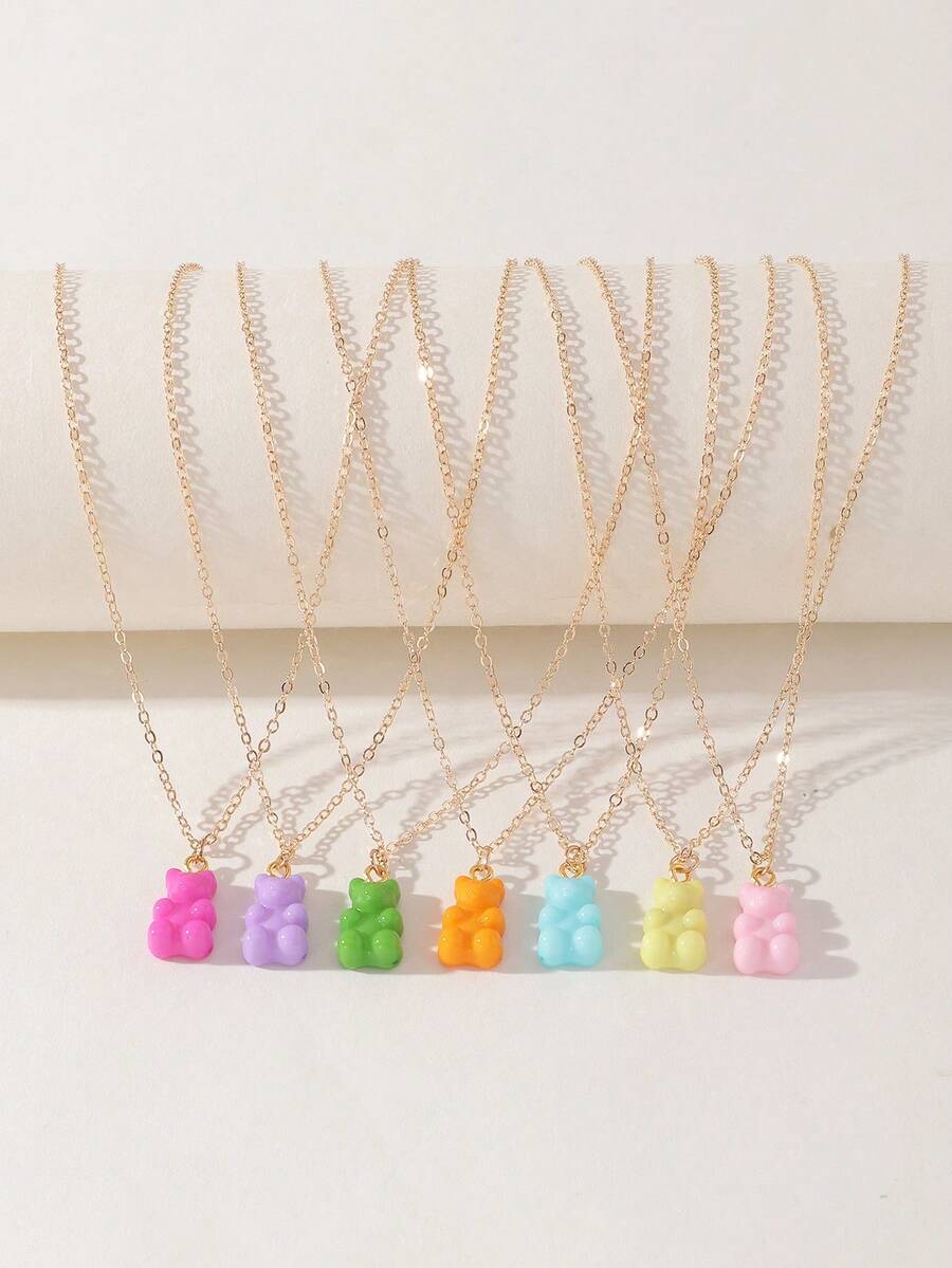 7pcs/Set Girls Colorful Resin Bear Pendant Necklace Set Combination Suitable For Daily Decoration - Multicolor - View 1