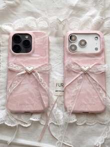 1pc INS Cute Cream Color Satin Silk Marble Bow Phone Case, Suitable For IPhone 17 Pro Max AIR 16 15 13 14 12 11 Pro Max Plus, Minimalist Cute Girl Soft Shell - Pink - View 1