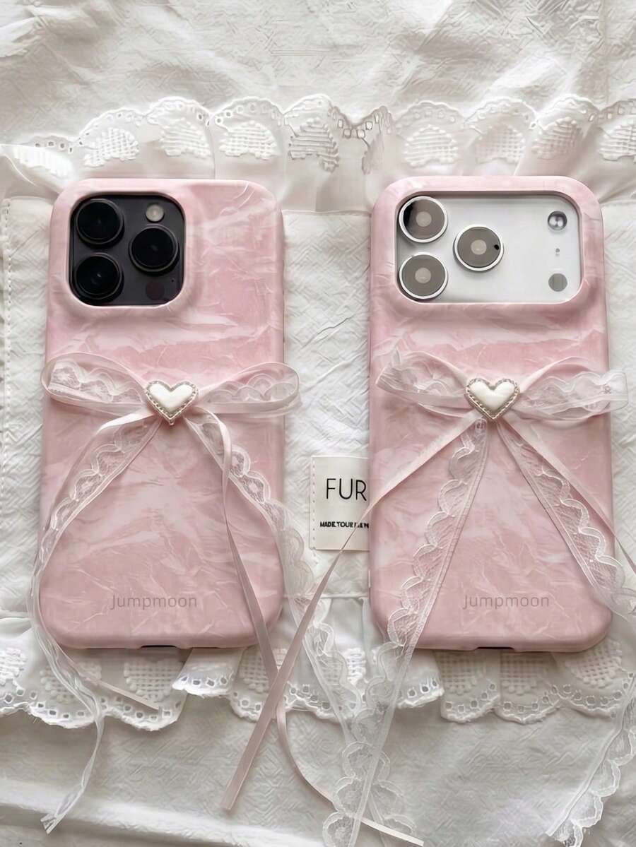 1pc INS Cute Cream Color Satin Silk Marble Bow Phone Case, Suitable For IPhone 17 Pro Max AIR 16 15 13 14 12 11 Pro Max Plus, Minimalist Cute Girl Soft Shell - Pink - View 1