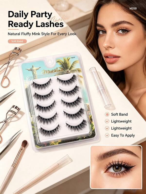 Mkhlina 5 Pairs Cat Eye Fluffy Wispy Strip Lashes 3D Faux Mink False Eyelashes Daily Makeup