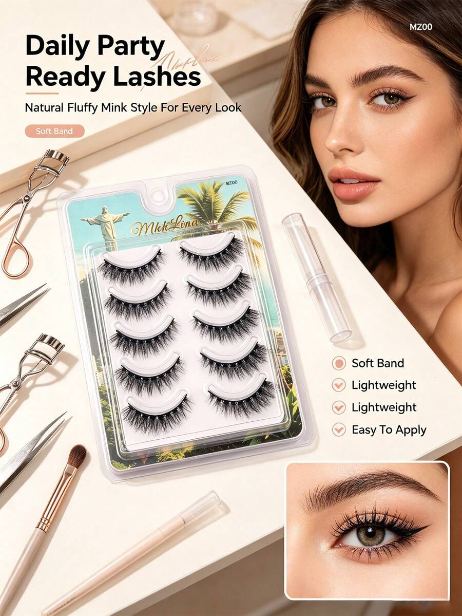 Mkhlina 5 Pairs Cat Eye Fluffy Wispy Strip Lashes 3D Faux Mink False Eyelashes Daily Makeup - 眼尾拉長款 - 查看 1