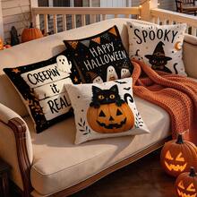 4pcs Black Cat Ghost Halloween Text Pattern Single-Sided Printed Pillow Covers/Cushion Covers, Multi-Scene Atmosphere Decorative Pillow Covers Suitable For Living Room, Sofa, Bedroom, Pillow Inserts Not Included - Multicolor - View 10