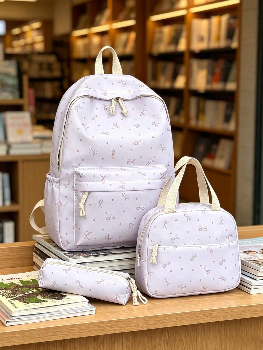 1套時尚學院風蝴蝶結印花背包套裝,包含背包、便當袋與鉛筆袋,附筆電隔層、可調式肩帶與多個口袋,大容量學生背包套裝,多功能日用背包套裝,適合女生/大學生/研究生日常使用/度假/旅行/開學 - 8220 - 查看 1