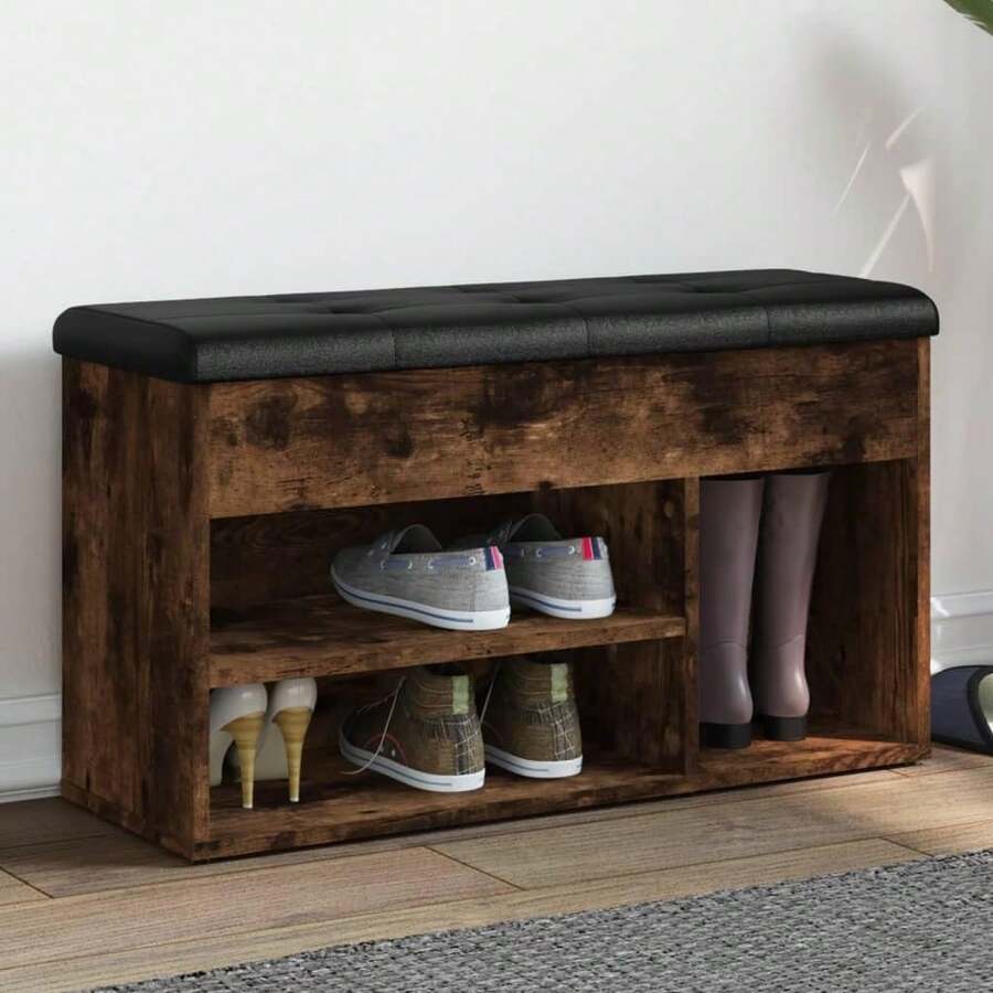 vidaXL Shoe Bench, Shoe Rack With Storage, Bench With Upholstered Seat Cushion, Shoe Cabinet, Shoe Storage, Hallway Bench, Smoked Oak Wood Composite - Smoked Oak - View 1