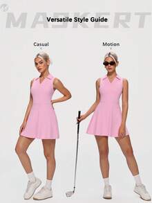 MASKERT Women's Tennis Golf Pickleball Badminton Pilates Yoga One-Piece Athletic Mini Dress For Daily Wear, Work Commute & Beach Vacation - Pink - View 2