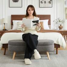 Storage Bench Beige Chenille 110cm – Space-Saving For Entryway, Bedroom, Living Room - 灰色 - 查看 9