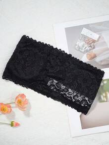 1pc Women's Solid Color Non-Wired Lace Trim Bandeau Bra, Removable Padded With Detachable Transparent Shoulder Straps - Black - View 6