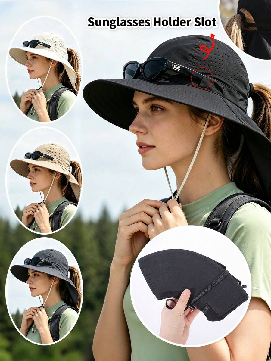 1pc New Ponytail Hole Sun Protection Bucket Hat, Outdoor Hiking Climbing Travel Neck Guard Sun Hat, Breathable Quick-Dry Fashion Glasses Holder - Solid Color Bucket Hat - View 1