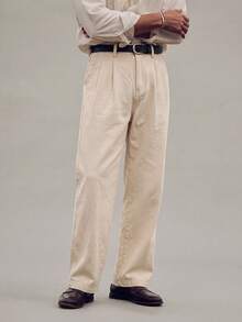 Minimalist Solid Pleated Straight Leg Trousers For Men Relax Fit 100% Cotton Formal Work Slacks With Belt Loops (Pants Do Not Include Belt) - Apricot - View 2