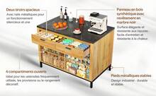 Kitchen Island Country Style – With 2 Drawers And 4 Open Shelves, Black Marble Worktop, Metal Frame - Black and Natural - View 7