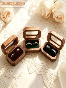 Custom Walnut Double Ring Box, Engravable Wooden Ring Holder, Wedding Ceremony Ring Box, Romantic Proposal Ring Box - Multicolor - View 5