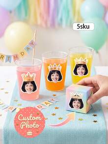 8/20/40pcs Custom Photo Crown Stickers,Custom Stickers For Birthday Party Decorations,Wine Glasses,Gift Bags,Cups Cake Decor Favors - Multicolor - View 1