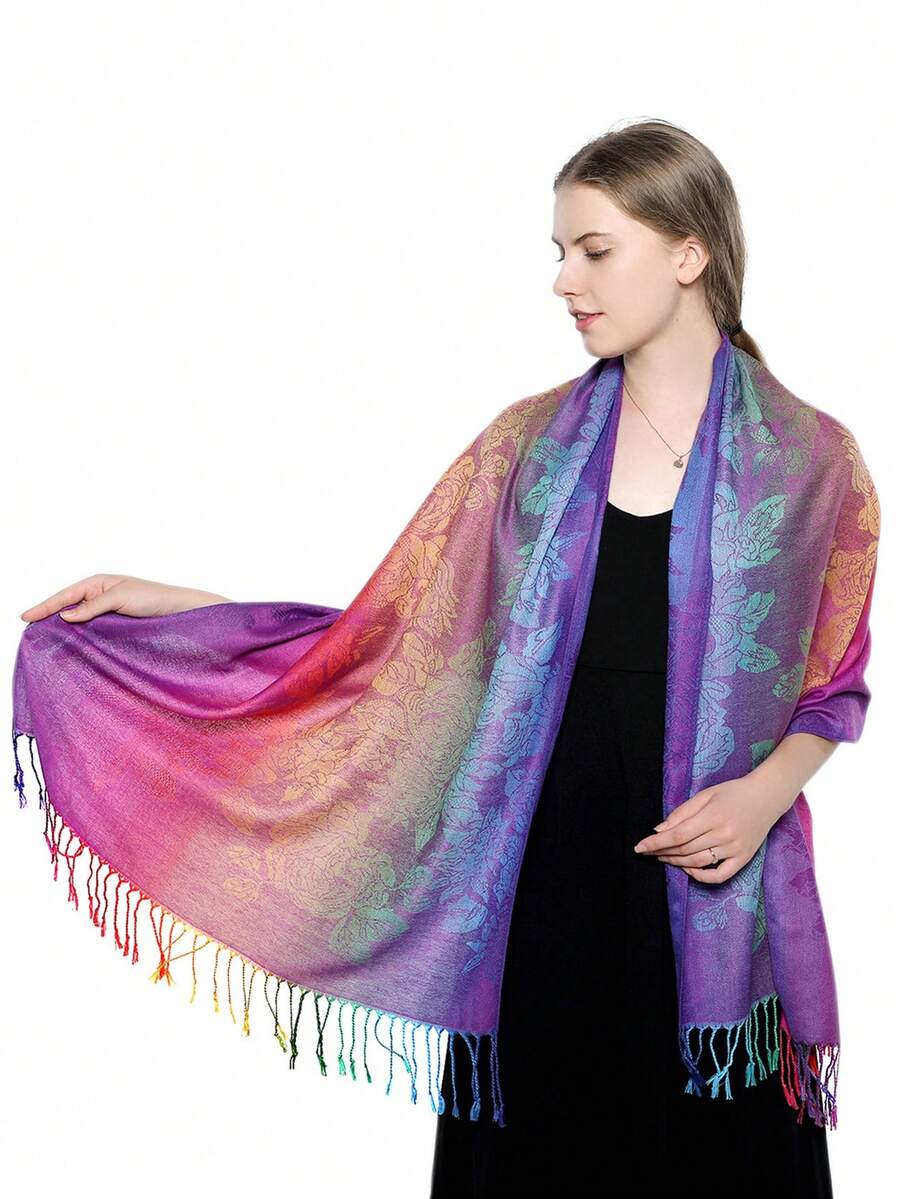 1pc Colorful Gradual Change Cashew Nut Long Tassel Shawl And Wraps Soft Lightweight Accessories Women Evening Dresses Party Travel Office Wedding Gift - Pink - View 1