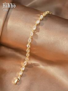 Hihho 1pc Full Rhinestone Tennis Chain / Round Hoop Chain / Star Thin Chain CZ 5 Styles Optional Commute & Date Dual-Use Bracelet - Gold - View 15