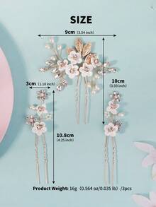 3pcs French Fairy White Flower Pearl Rhinestone U-Shaped Hair Pins, Bridal Wedding Updo Hair Accessories, Handmade Woven Alloy Hair Ornament Set - Gold - View 10
