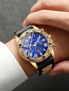 2pcs/Set Men's Gold Luxury Watch Set, Blue Dial Roman Numeral Three-Eye Gold Watch, One With Gold Stainless Steel Band, One With Gold Case And Black Silicone Strap, Bold Men's Accessory, Suitable For Summer Daily Wear, Perfect As Luxury Gift For Boyfriend, Son On Valentine's Day, Birthday, Father's Day - Multicolor - View 2