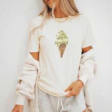 T-shirt graphique motif cornet de glace pistache, adorable tee-shirt sur le thème des desserts d'été, cadeau unique pour les amateurs de pistache, t-shirt doux et crémeux motif cornet gaufré vert - Blanc - Voir 5